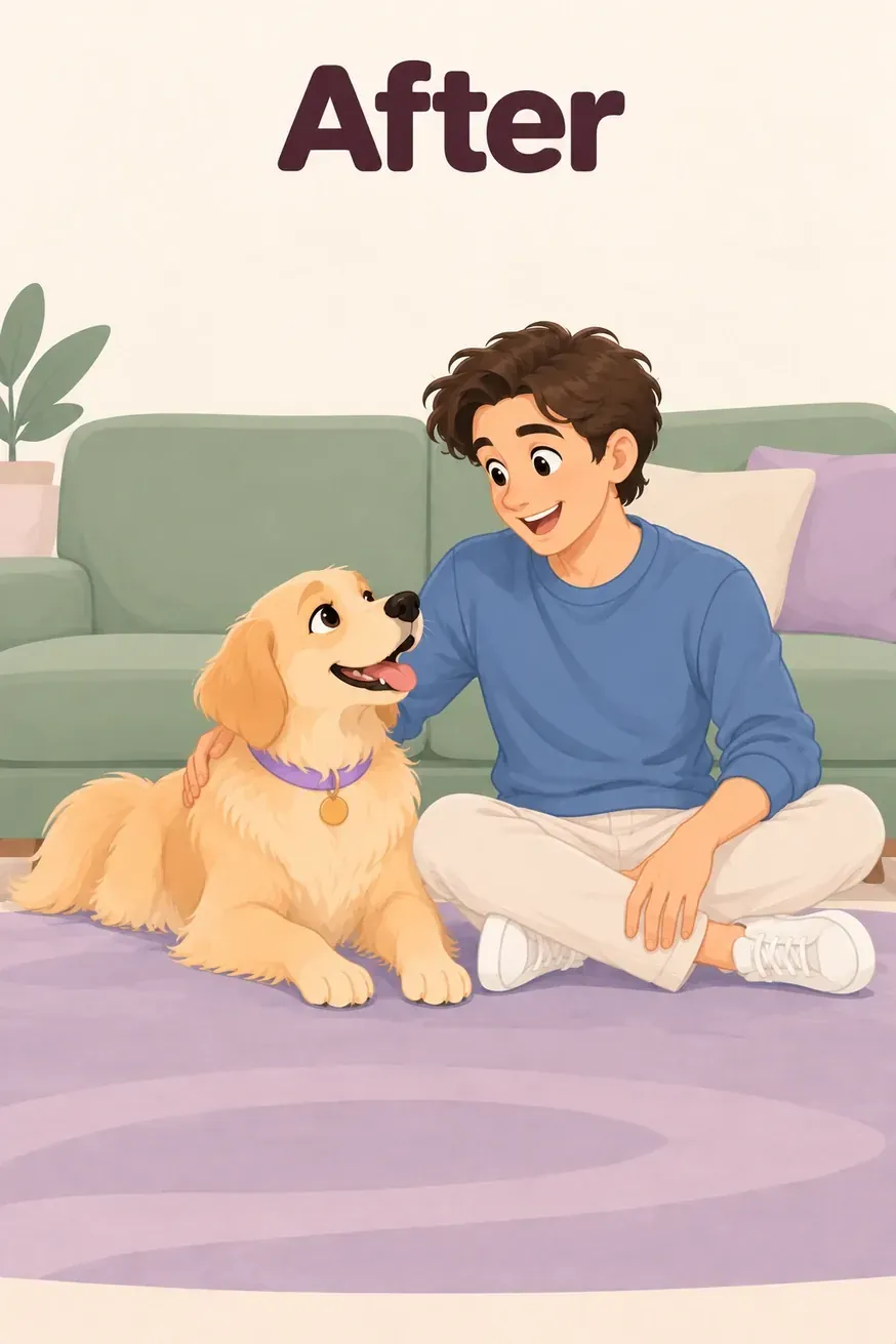 After: the puppy lies calmly beside its owner, chewing a toy